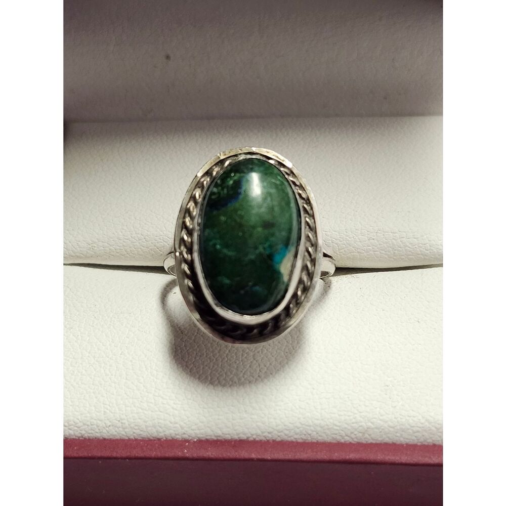 VINTAGE MEXICO STERLING SILVER AND CHRYSOCOLLA STONE RING SIZE 7.75
